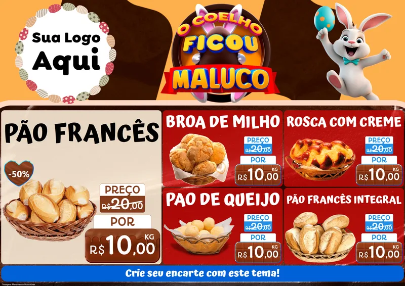 Modelo de Encarte para Encarte A4 Horizontal com o tema O Coelho Ficou Maluco - Páscoa para Padaria