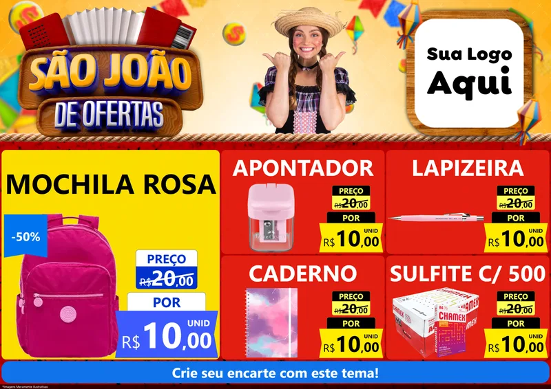 Modelo de Encarte para Encarte A4 Horizontal com o tema São João de Ofertas para Papelaria