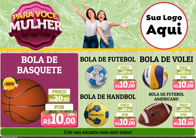 Modelo de Encarte para Encarte A4 Horizontal com o tema Para Você Mulher para Artigos Esportivos