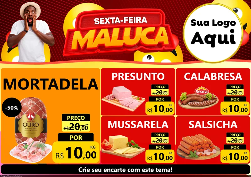 Modelo de Encarte para Encarte A4 Horizontal com o tema Sexta-feira Maluca para Frios e Laticínios