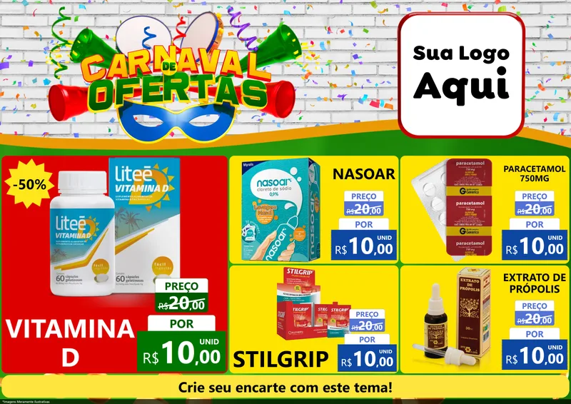 Modelo de Encarte para Encarte A4 Horizontal com o tema Carnaval de Ofertas para Farmácia
