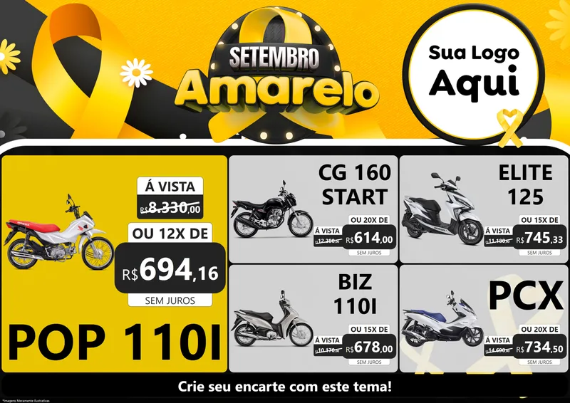 Modelo de Encarte para Encarte A4 Horizontal com o tema Setembro Amarelo para Concessionaria de Motos