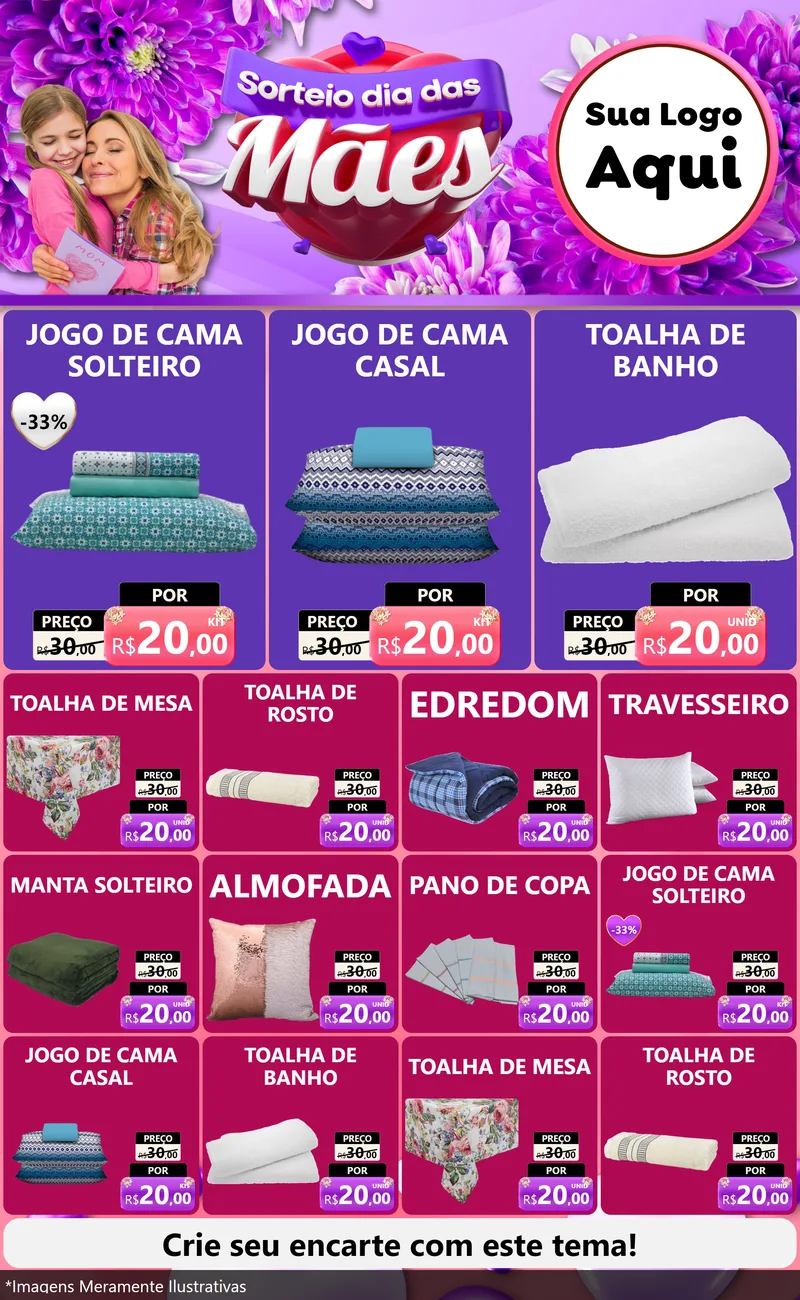 Modelo de Encarte para Encarte Grande com o tema Sorteio Dia das Mães para Cama, Mesa e Banho