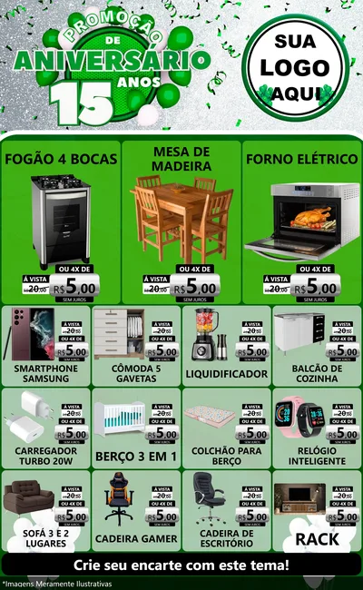 Modelo de Encarte para Encarte Grande com o tema Promoção de Aniversário - 15 Anos para Móveis e Eletro