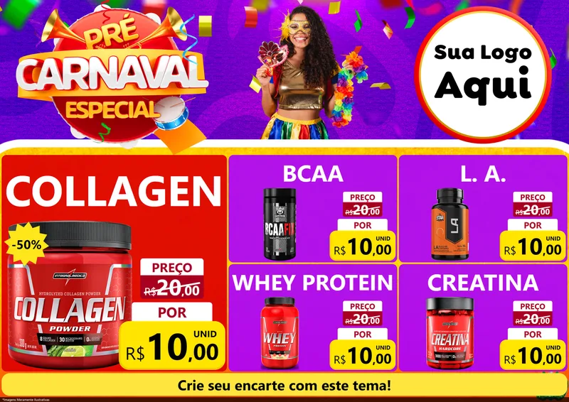 Modelo de Encarte para Encarte A4 Horizontal com o tema Pré-Carnaval Especial para Suplementos alimentares