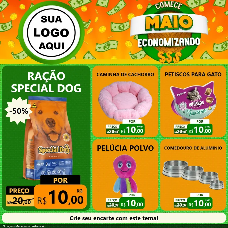 Modelo de Rede Social para Feed Facebook com o tema Comece Maio Economizando para Pet Shop