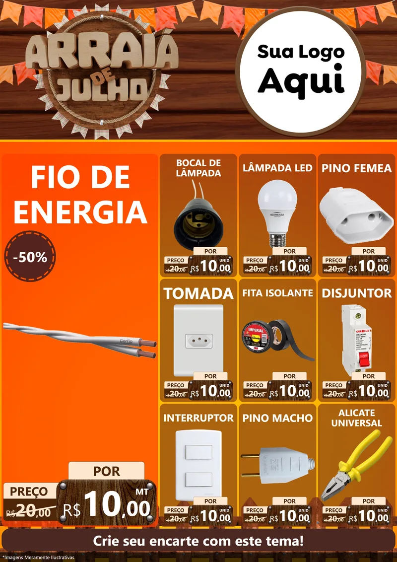 Modelo de Encarte para Encarte A4 Vertical com o tema Arraiá de Julho - Junina para Materiais Elétricos