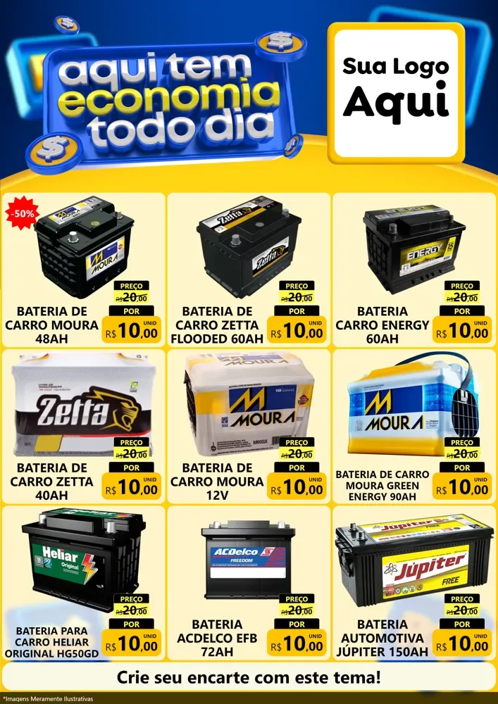 Modelo de Encarte para Encarte A4 Vertical com o tema Aqui Tem Economia Todo Dia para Baterias Elétricas
