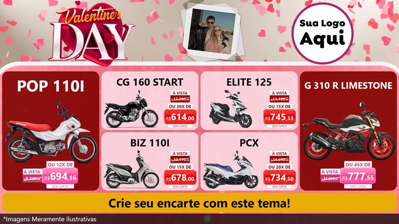Modelo de TV para TV Horizontal com o tema Valentine's Day para Concessionaria de Motos