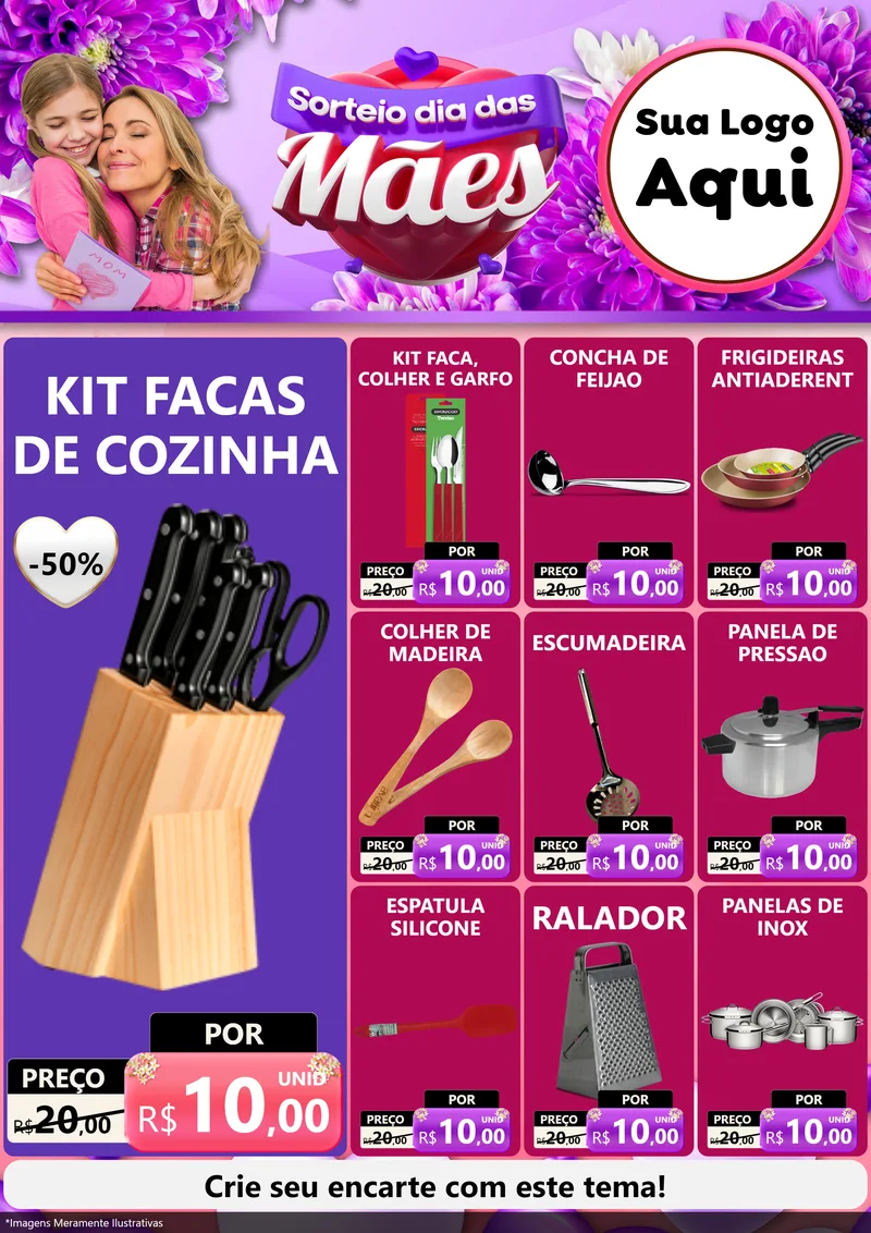 Modelo de Encarte para Encarte A4 Vertical com o tema Sorteio Dia das Mães para Utilidades Domésticas