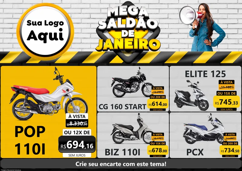 Modelo de Encarte para Encarte A4 Horizontal com o tema Mega Saldão de Janeiro para Concessionaria de Motos