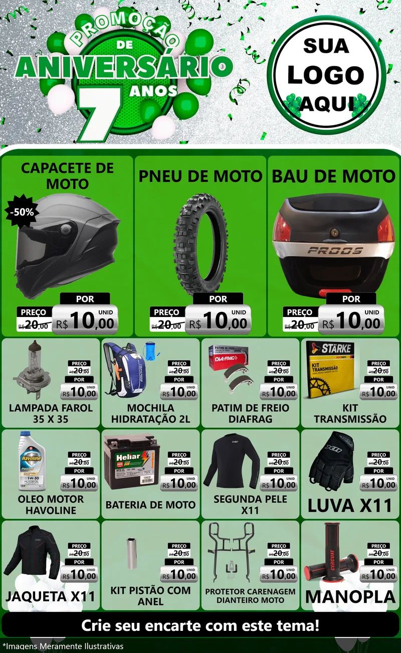 Modelo de Encarte para Encarte Grande com o tema Promoção de Aniversário - 7 Anos para Moto peças