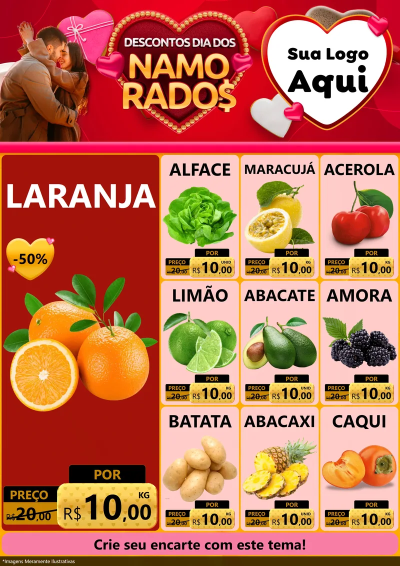 Modelo de Encarte para Encarte A4 Vertical com o tema Descontos Dia dos Namorados para Hortifrúti