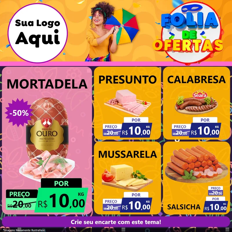 Modelo de Rede Social para Feed Facebook com o tema Folia de Ofertas para Frios e Laticínios