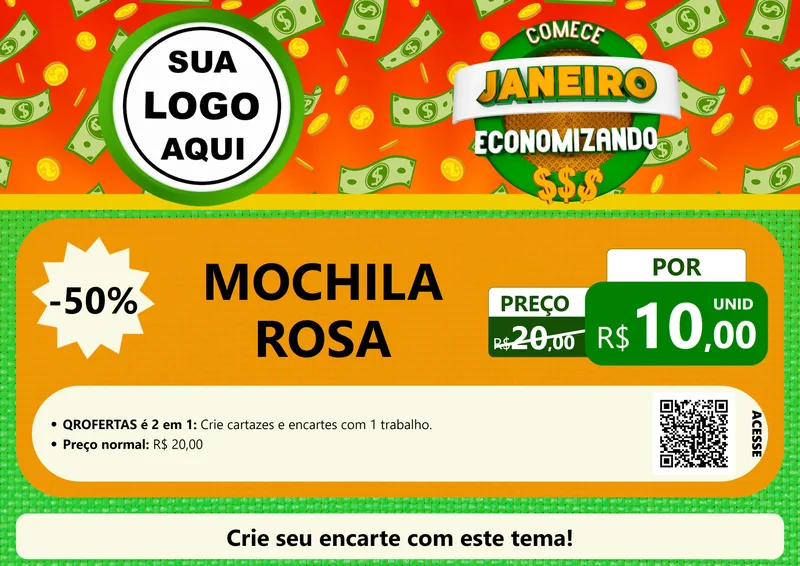 Modelo de Cartaz para Cartaz A4 Horizontal com o tema Comece Janeiro Economizando para Papelaria