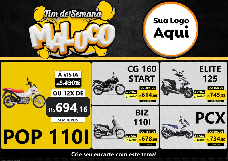 Modelo de Encarte para Encarte A4 Horizontal com o tema Fim de Semana Maluco para Concessionaria de Motos