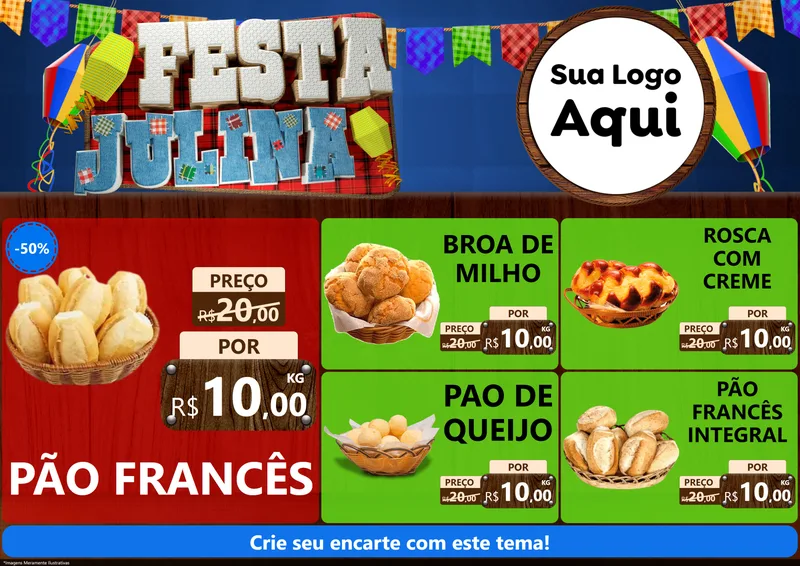 Modelo de Encarte para Encarte A4 Horizontal com o tema Festa Julina para Padaria