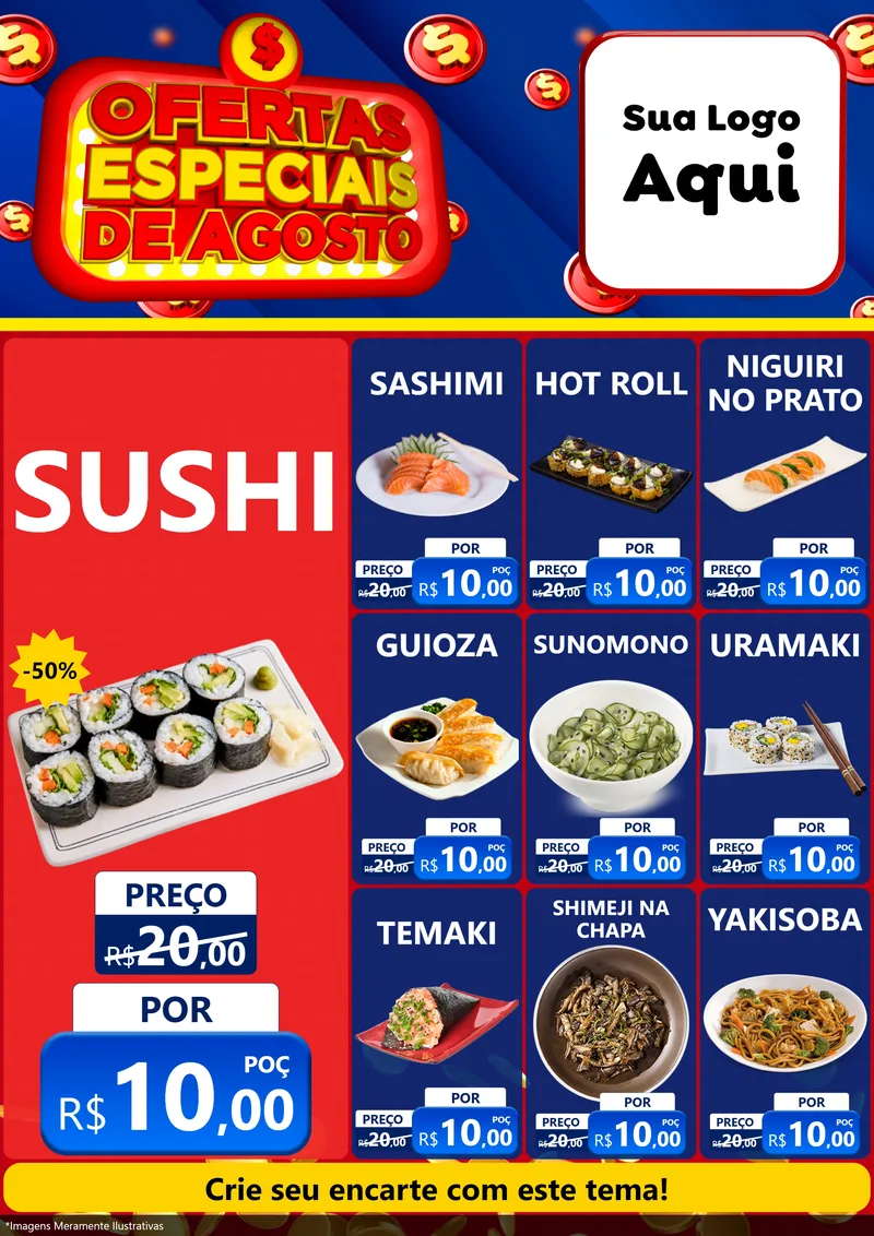 Modelo de Encarte para Encarte A4 Vertical com o tema Ofertas Especiais de Agosto para Comida japonesa