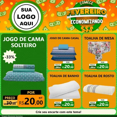 Modelo de Rede Social para Feed Facebook com o tema Comece Fevereiro Economizando para Cama, Mesa e Banho