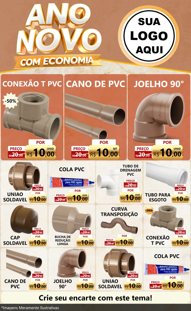 Modelo de Encarte para Encarte Grande com o tema Ano Novo Com Economia para Tubos e conexões