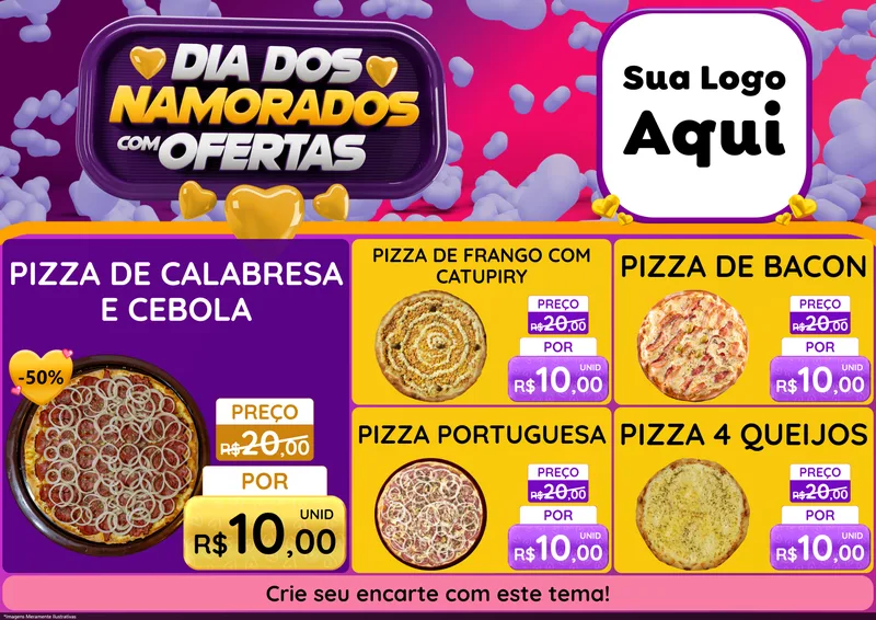 Modelo de Encarte para Encarte A4 Horizontal com o tema Dia Dos Namorados Com Ofertas para Pizzaria