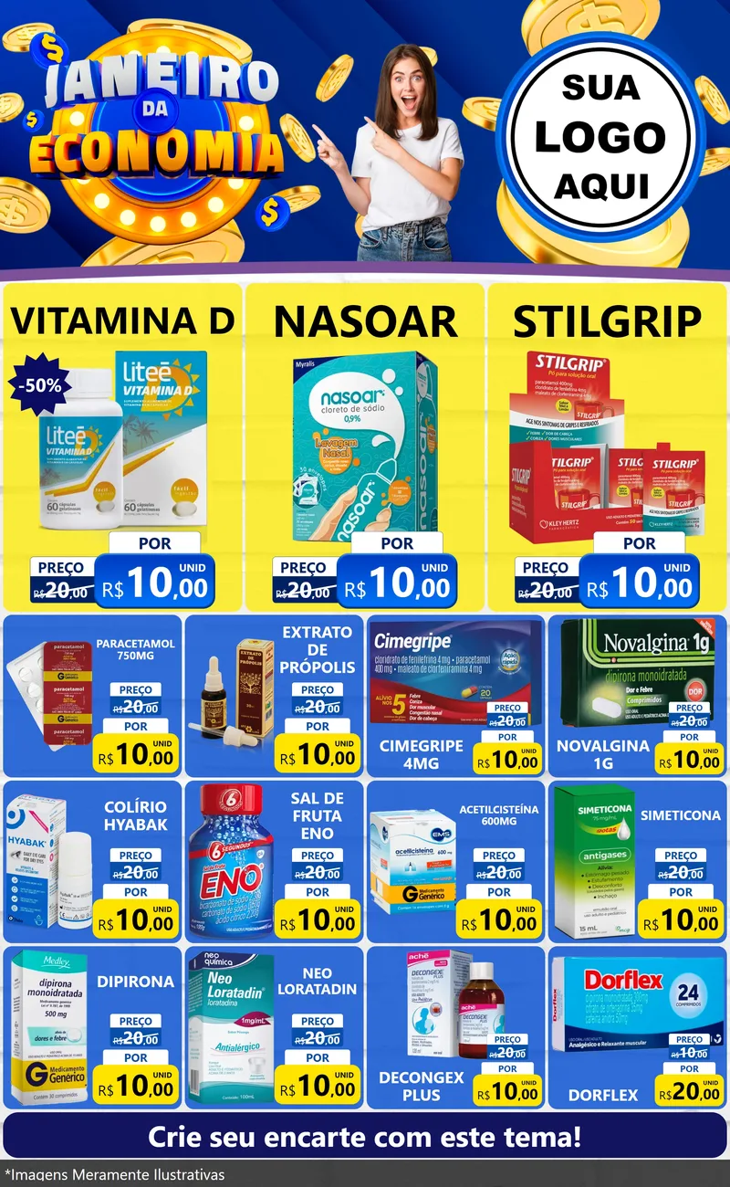 Modelo de Encarte para Encarte Grande com o tema Janeiro da Economia para Farmácia