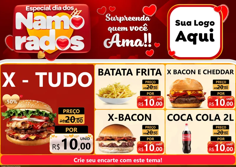 Modelo de Encarte para Encarte A4 Horizontal com o tema Especial Dia dos Namorados para Hamburgueria