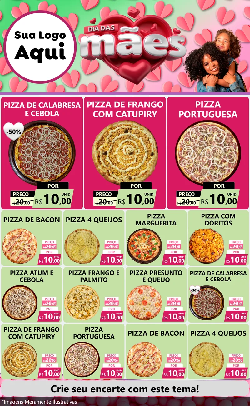 Modelo de Encarte para Encarte Grande com o tema Dia das Mães para Pizzaria