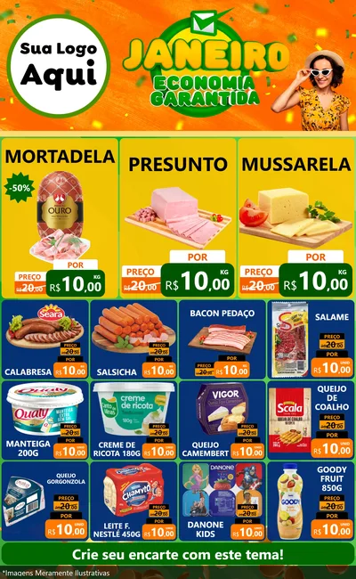 Modelo de Encarte para Encarte Grande com o tema Janeiro - Economia Garantida para Frios e Laticínios