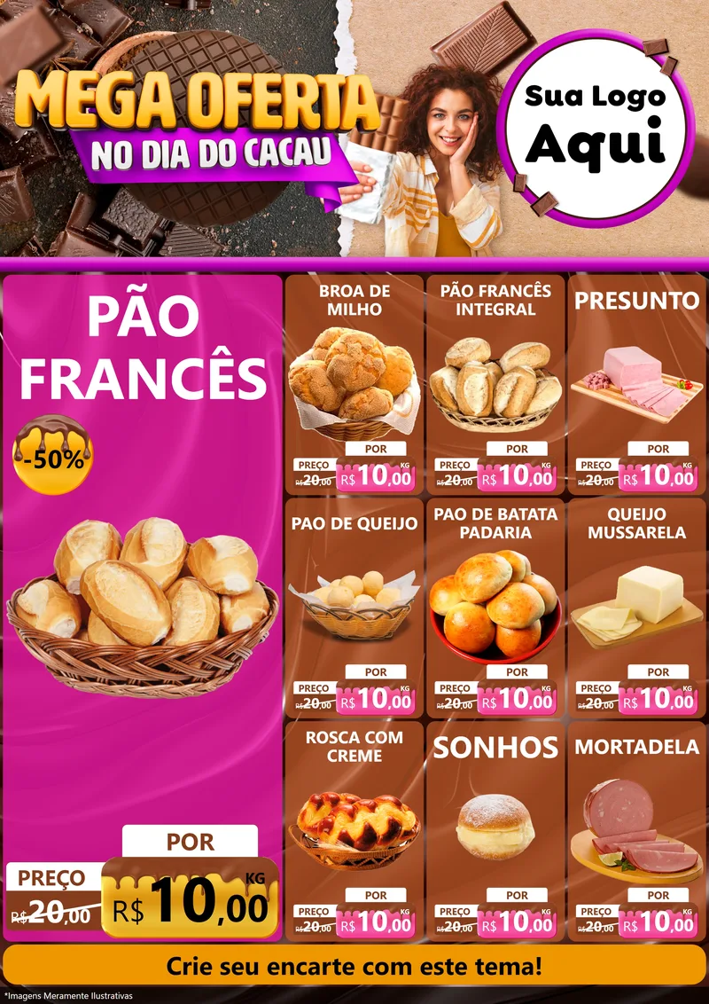 Modelo de Encarte para Encarte A4 Vertical com o tema Mega Oferta no Dia do Cacau para Padaria