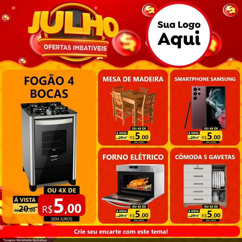 Modelo de Rede Social para Feed Facebook com o tema Julho Ofertas Imbatíveis para Móveis e Eletro