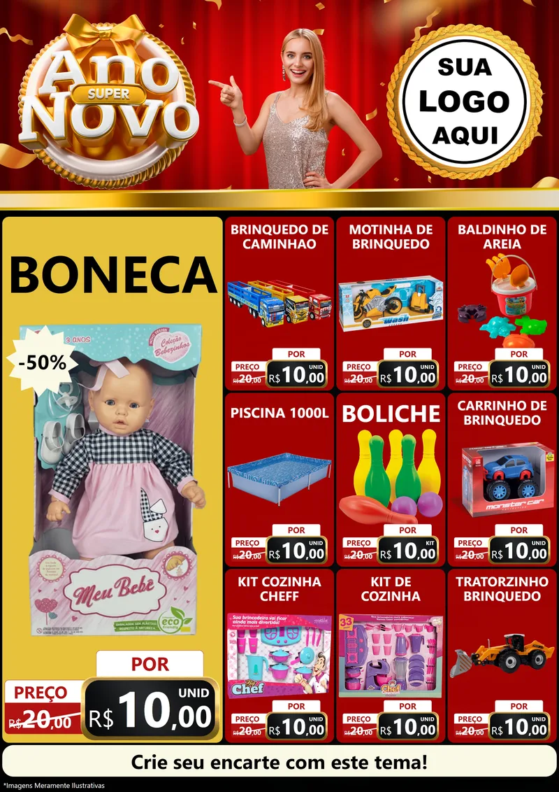 Modelo de Encarte para Encarte A4 Vertical com o tema Super Ano Novo para Brinquedos