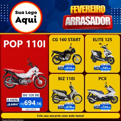 Modelo de Rede Social para Feed Facebook com o tema Fevereiro Arrasador para Concessionaria de Motos