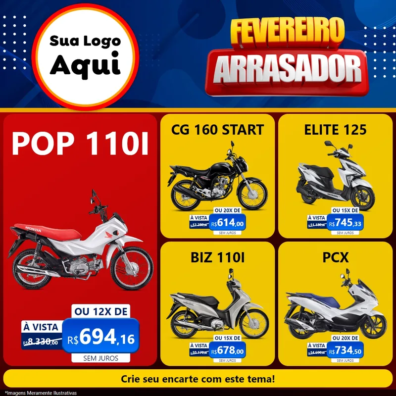 Modelo de Rede Social para Feed Facebook com o tema Fevereiro Arrasador para Concessionaria de Motos