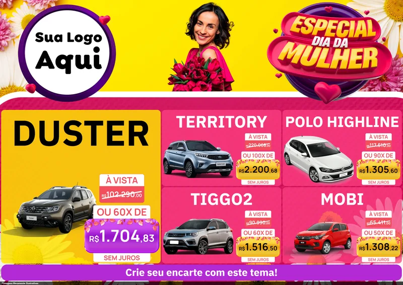 Modelo de Encarte para Encarte A4 Horizontal com o tema Especial Dia da Mulher para Concessionaria de Carros