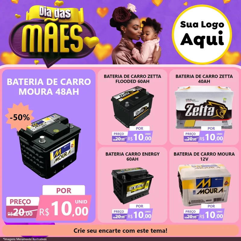 Modelo de Rede Social para Feed Facebook com o tema Dia das Mães para Baterias Elétricas
