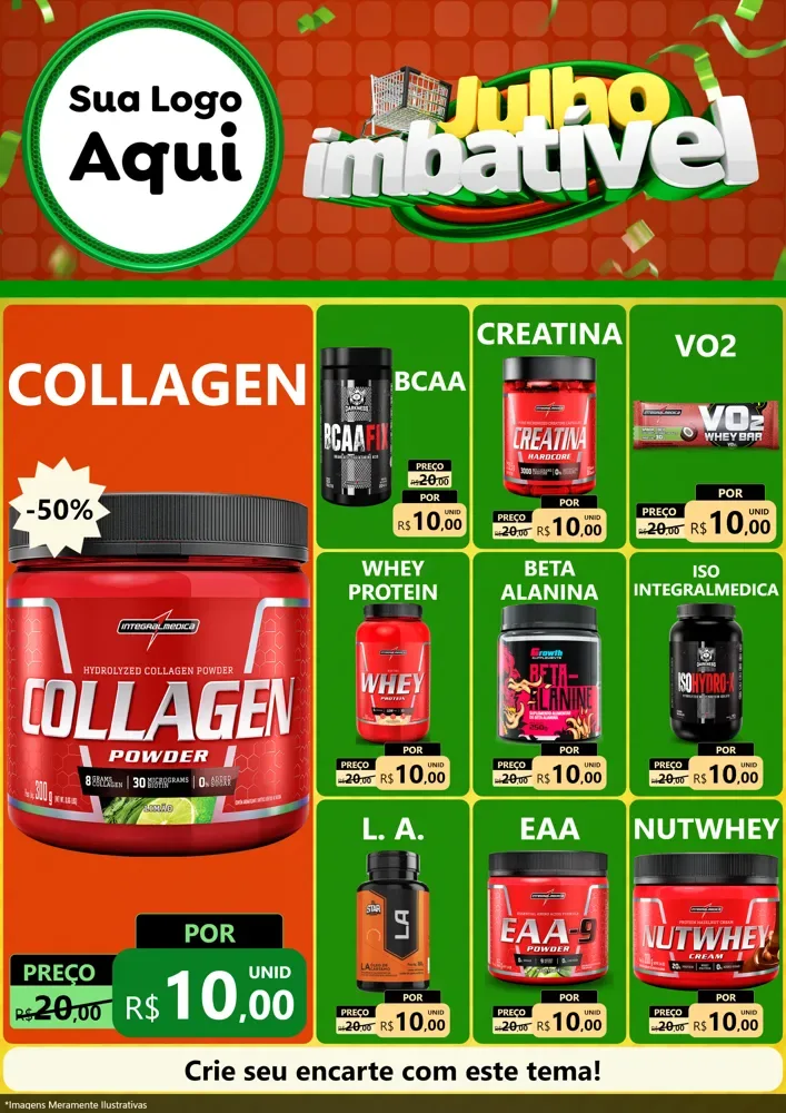 Modelo de Encarte para Encarte A4 Vertical com o tema Julho Imbatível para Suplementos alimentares