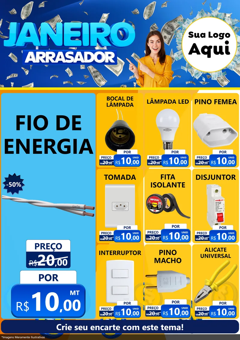 Modelo de Encarte para Encarte A4 Vertical com o tema Janeiro Arrasador para Materiais Elétricos
