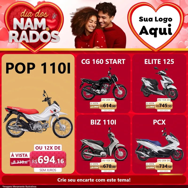 Modelo de Rede Social para Feed Facebook com o tema Dia dos Namorados para Concessionaria de Motos