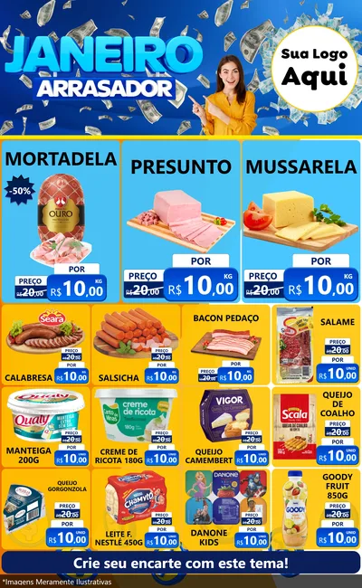 Modelo de Encarte para Encarte Grande com o tema Janeiro Arrasador para Frios e Laticínios