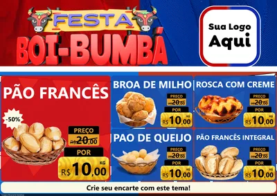 Modelo de Encarte para Encarte A4 Horizontal com o tema Festa Boi Bumbá para Padaria