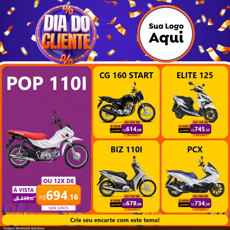 Modelo de Rede Social para Feed Facebook com o tema Dia do Cliente para Concessionaria de Motos