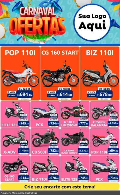 Modelo de Encarte para Encarte Grande com o tema Carnaval de Ofertas para Concessionaria de Motos