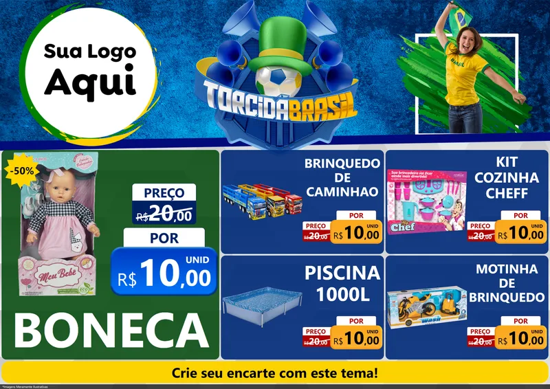 Modelo de Encarte para Encarte A4 Horizontal com o tema Torcida Brasil - Copa para Brinquedos