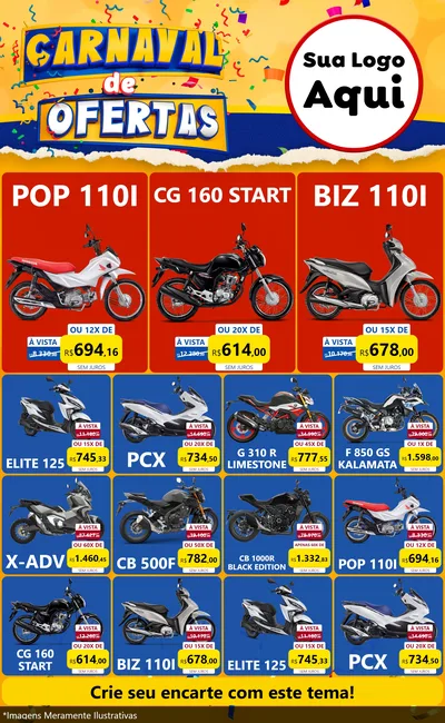 Modelo de Encarte para Encarte Grande com o tema Carnaval de Ofertas para Concessionaria de Motos