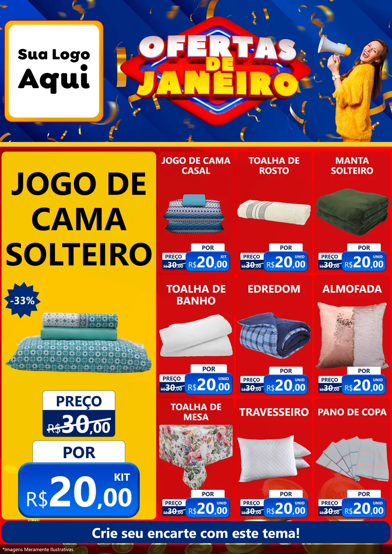 Modelo de Encarte para Encarte A4 Vertical com o tema Ofertas de Janeiro para Cama, Mesa e Banho