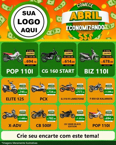 Modelo de Rede Social para Feed Instagram com o tema Comece Abril Economizando para Concessionaria de Motos