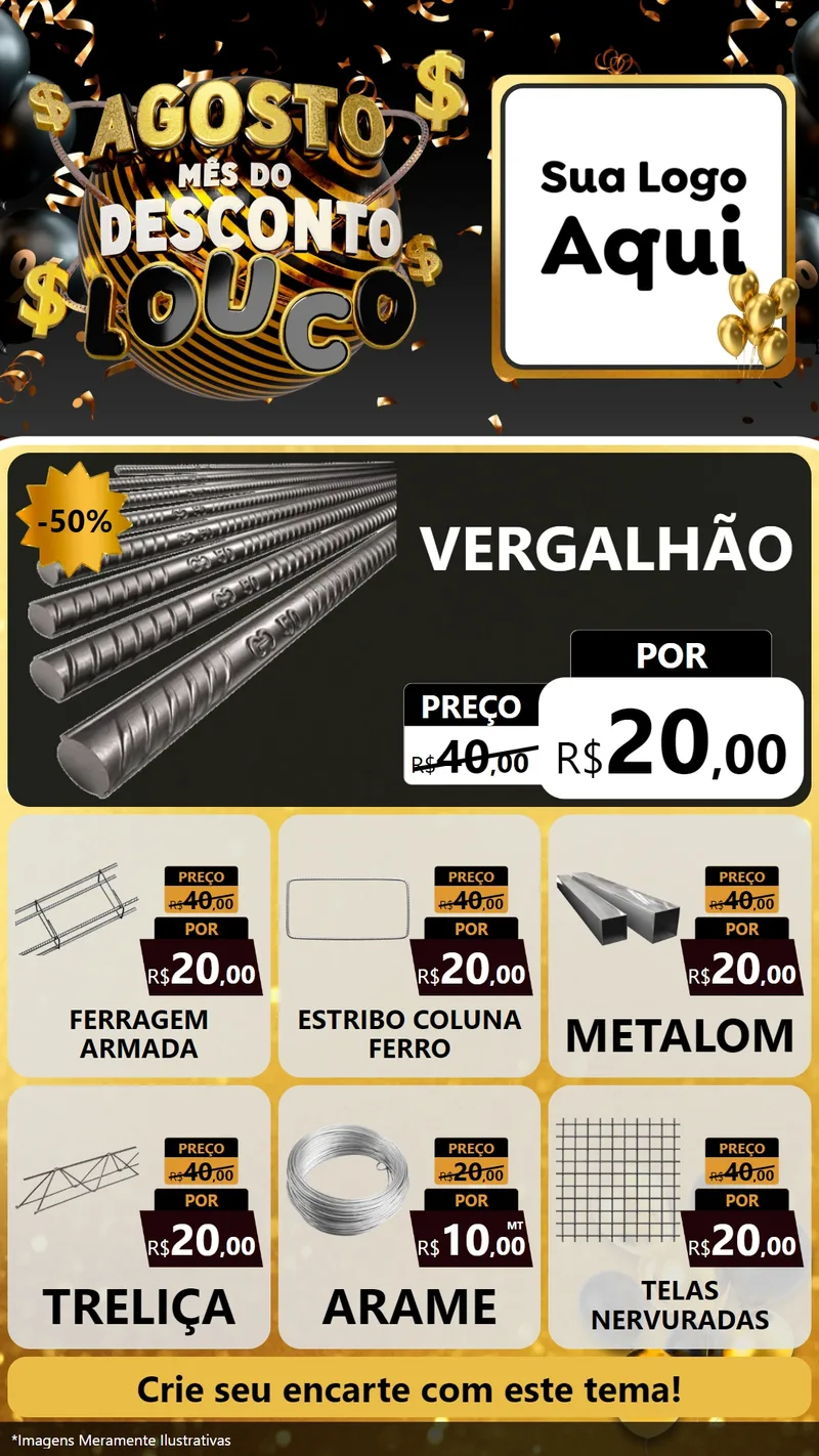 Modelo de Rede Social para Stories com o tema Agosto Mês do Desconto Louco para Ferragens