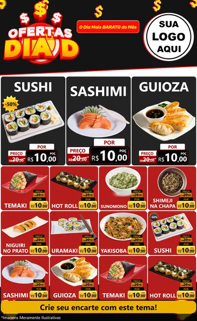 Modelo de Encarte para Encarte Grande com o tema Ofertas Dia D para Comida japonesa