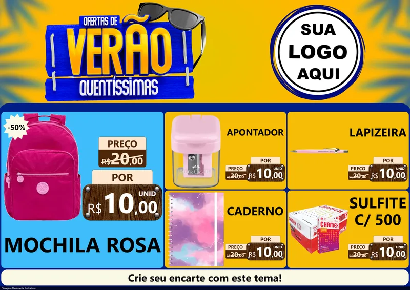 Modelo de Encarte para Encarte A4 Horizontal com o tema Ofertas de Verão Quentíssimas para Papelaria